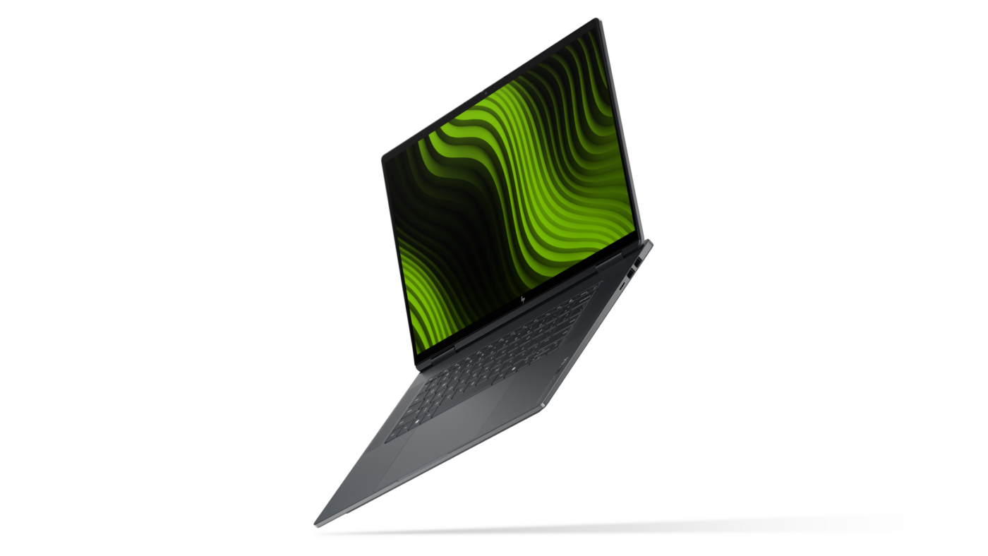 HP OmniBook Ultra 16 in Dunkelgrau, schräge Ansicht mit leuchtendem grünen Display, schlankes Design