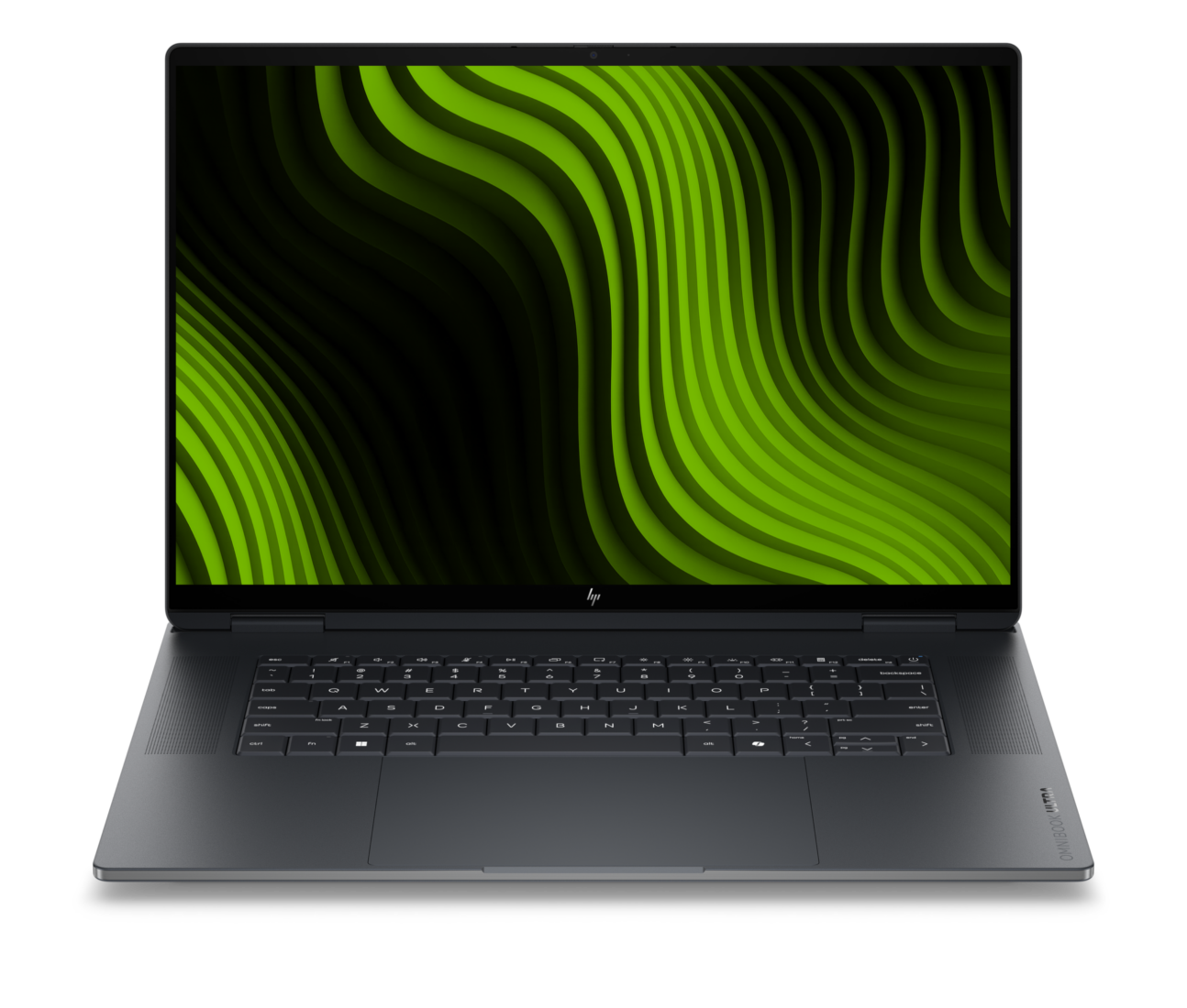 HP OmniBook Ultra 16 in Dunkelgrau, Frontansicht mit leuchtendem OLED-Display