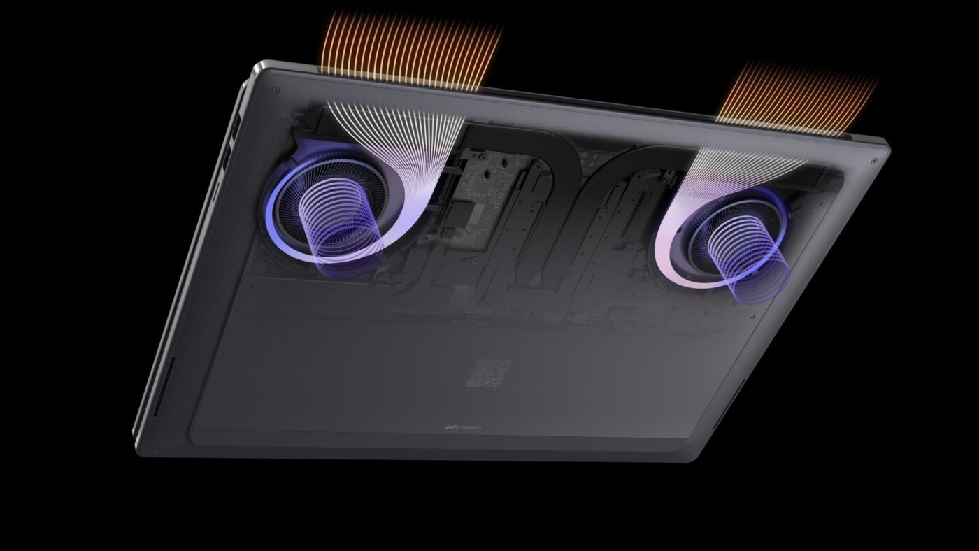 HP OmniBook Ultra 16 Unterseite mit zwei Dual-Lüftern und Heatpipes als transparente Render-Ansicht