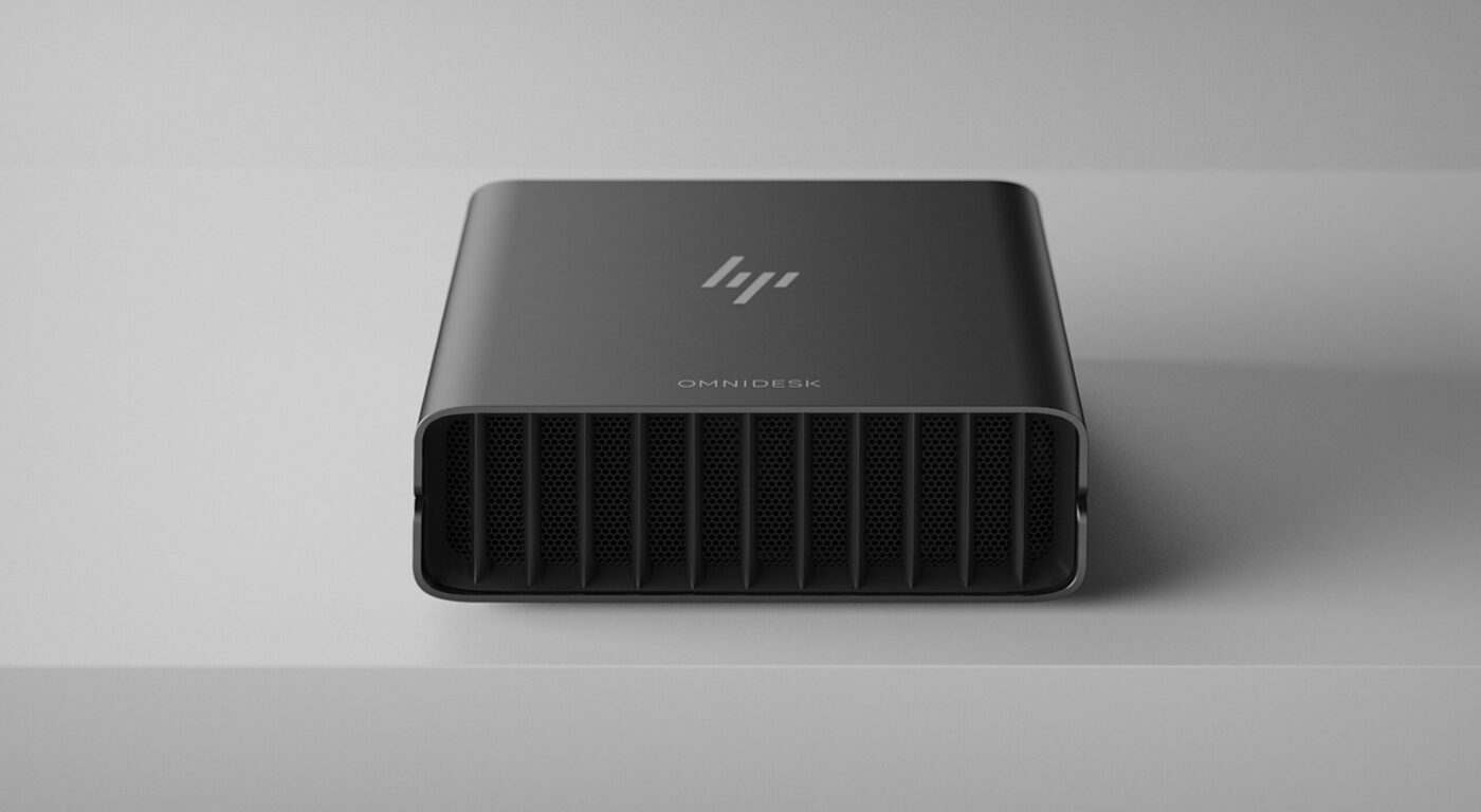 HP OmniDesk Mini-PC mit Lüftungsgitter und HP-Logo, Schrägansicht von oben