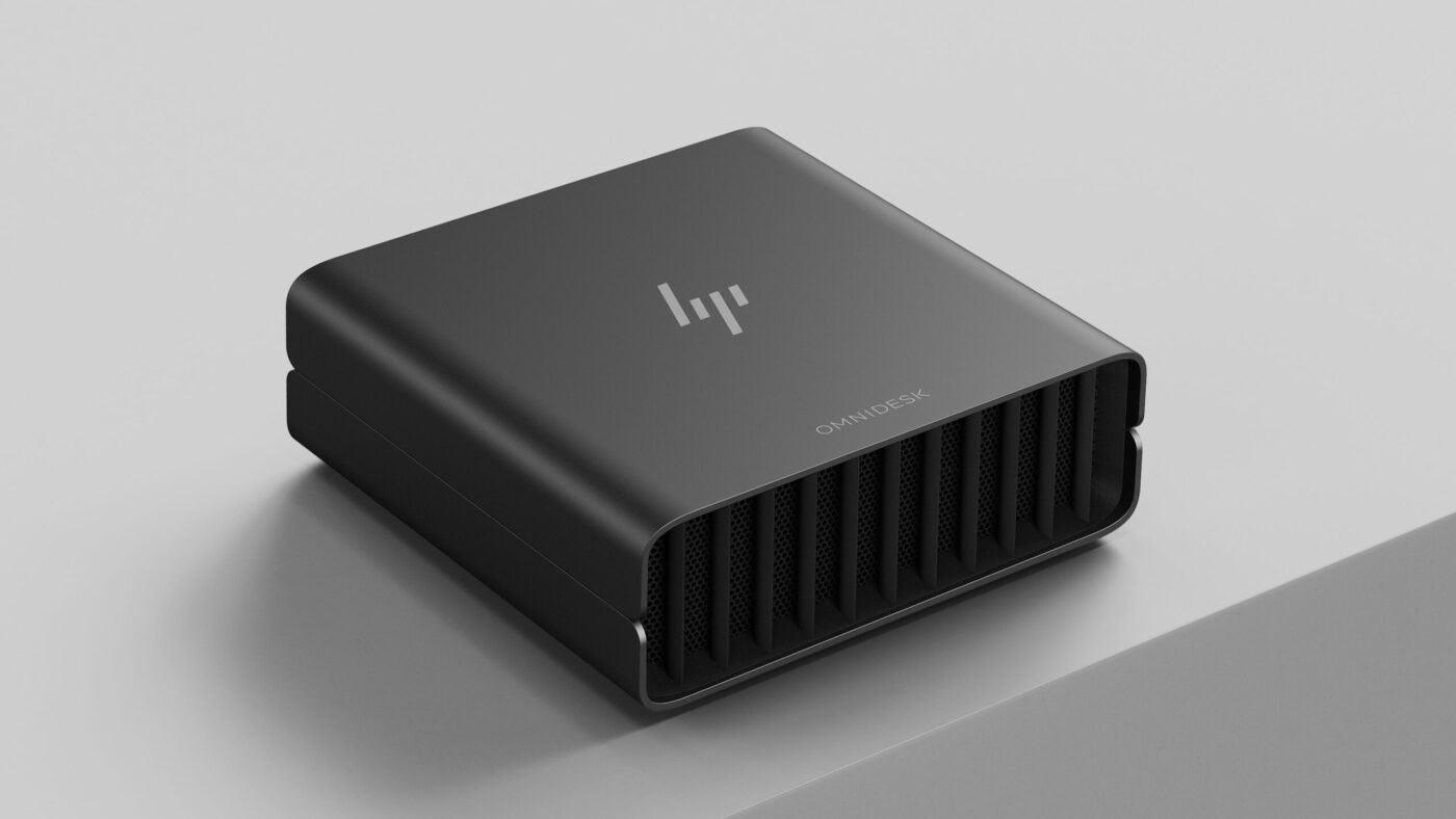 HP OmniDesk Mini-Desktop-PC in Anthrazit mit Lüftungsschlitzen und HP-Logo von oben