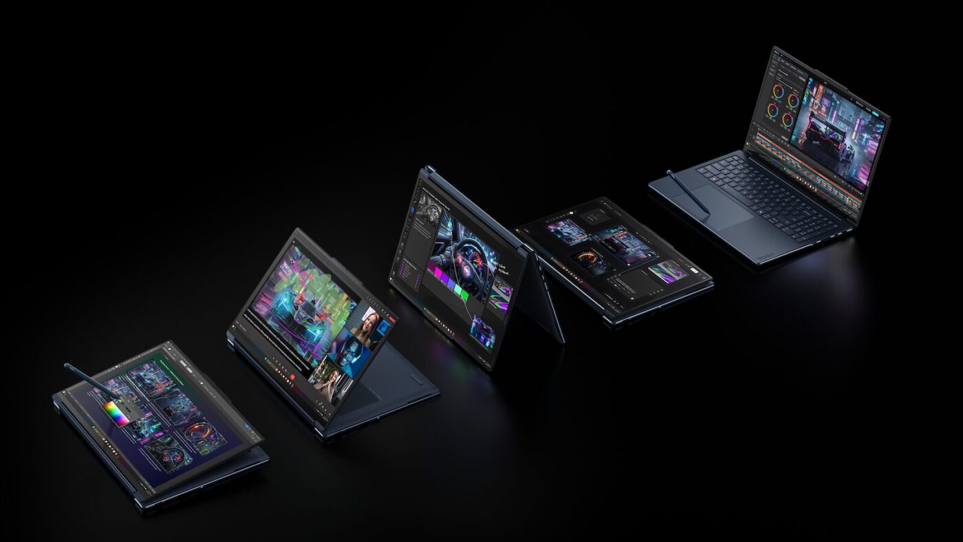 Lenovo Yoga 9n 2-in-1 in fünf verschiedenen Nutzungsmodi vor schwarzem Hintergrund