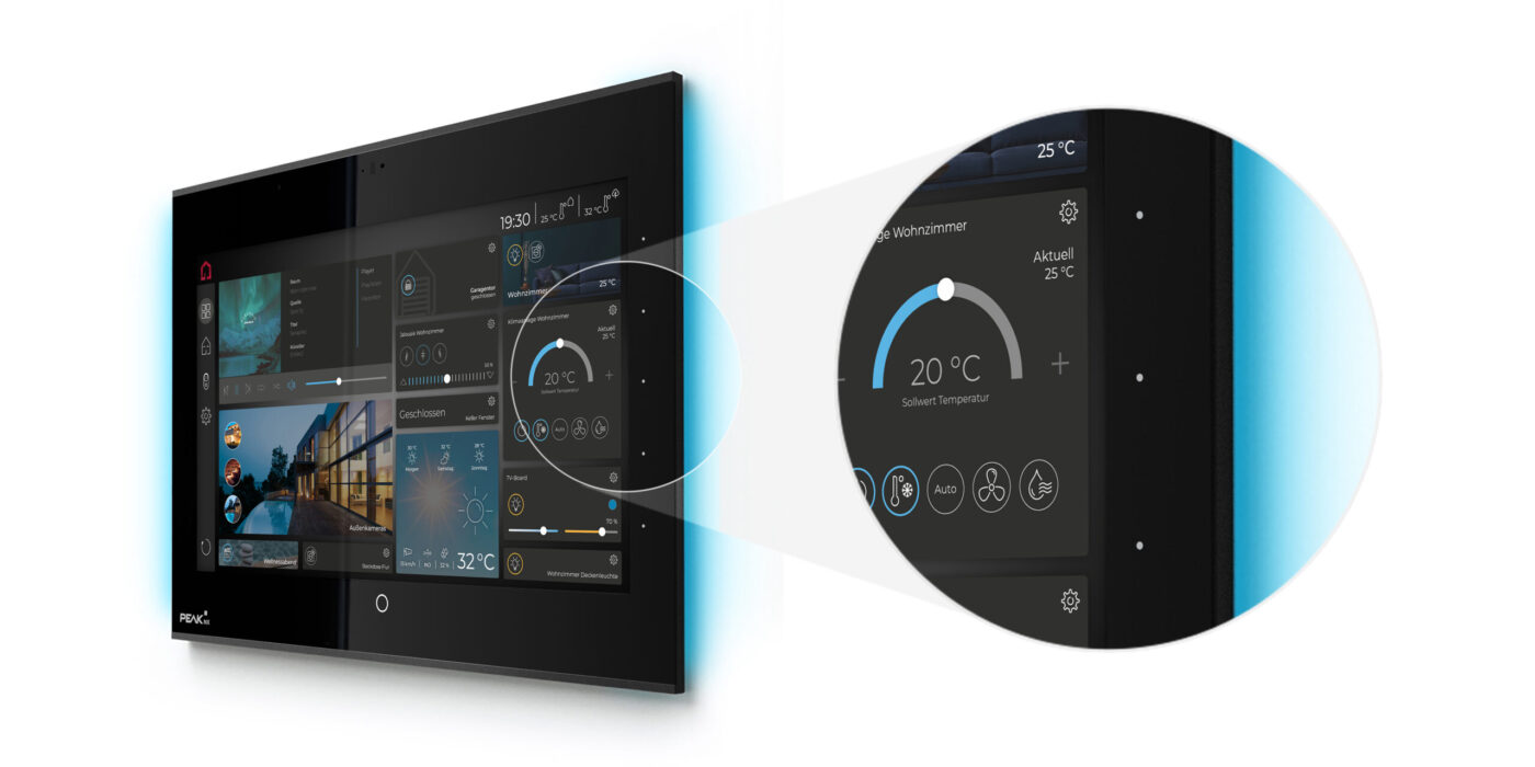 PEAKnx Control 12 Touchpanel mit Smart-Home-Dashboard und Zoom auf Wohnzimmer-Klimasteuerung bei 20 °C