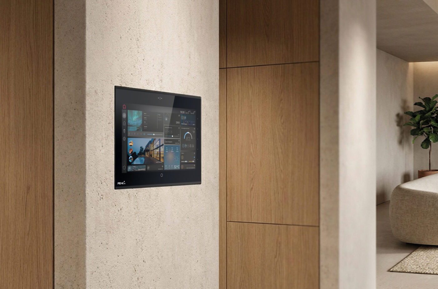 PEAKnx Control 12 KNX-Touchpanel in Betonwand eines modernen Wohnraums mit Smart-Home-Dashboard