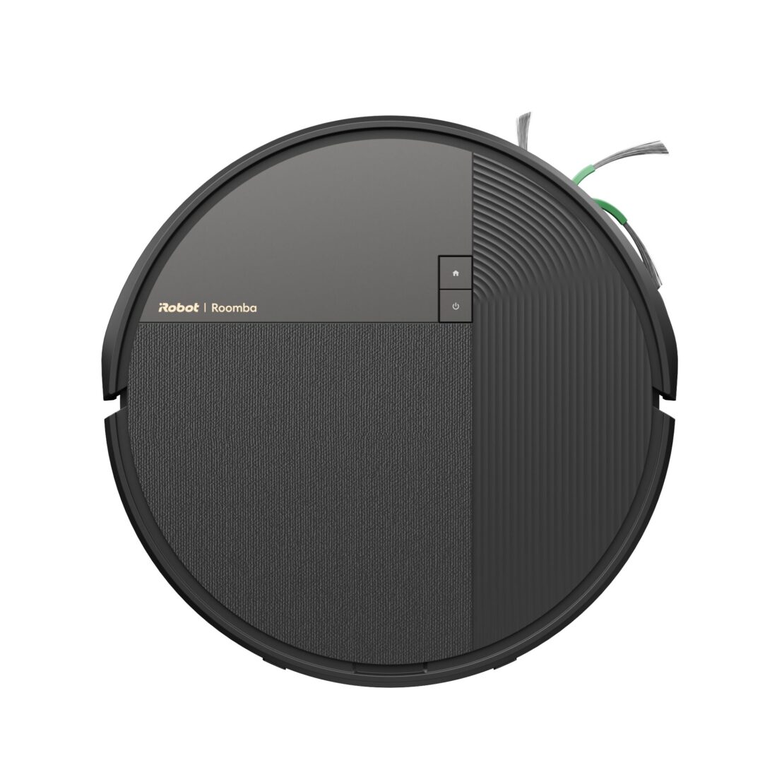 iRobot Roomba Max 875 Combo von oben: dunkelgraues Gehäuse mit grüner Seitenbürste und zwei Tasten