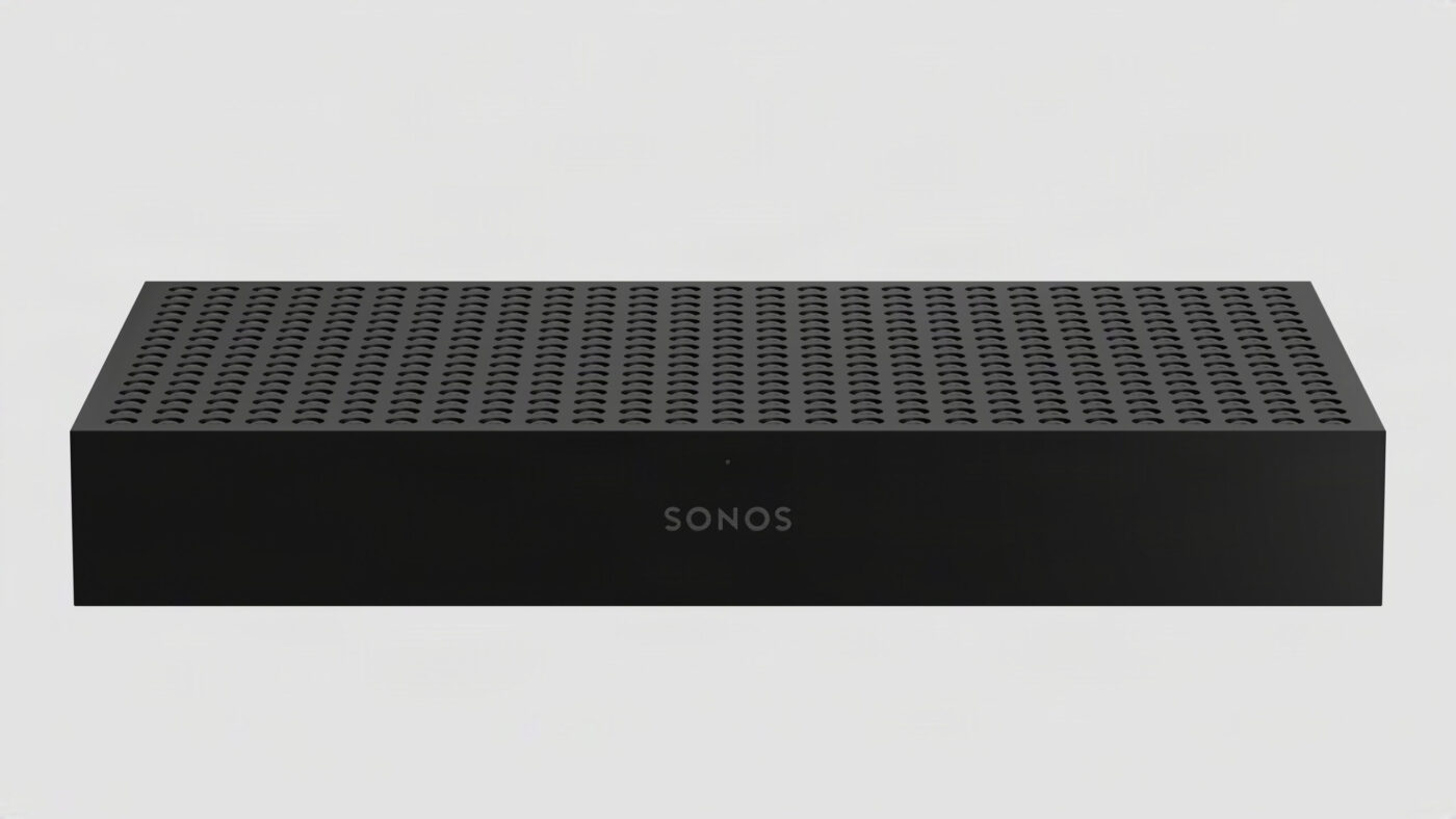 Sonos Amp oder Streaming-Gerät in Schwarz mit perforiertem Gehäuse und SONOS-Schriftzug