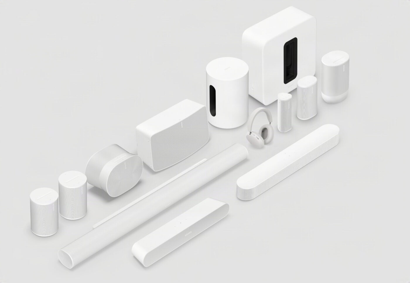 Sonos-Produktpalette in Weiß: Soundbars, Sub, Era-Speaker, Move, Roam und Ace-Kopfhörer