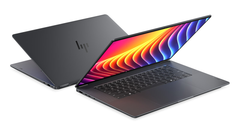 HP ZBook Ultra G3a 16 von vorne und hinten – dunkelgraues Aluminiumgehäuse, leuchtendes Display