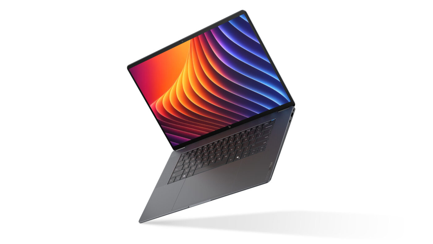 HP ZBook Ultra G3a 16 mobile Workstation in Space Grey, diagonal schwebend, Display mit buntem Wellenmuster