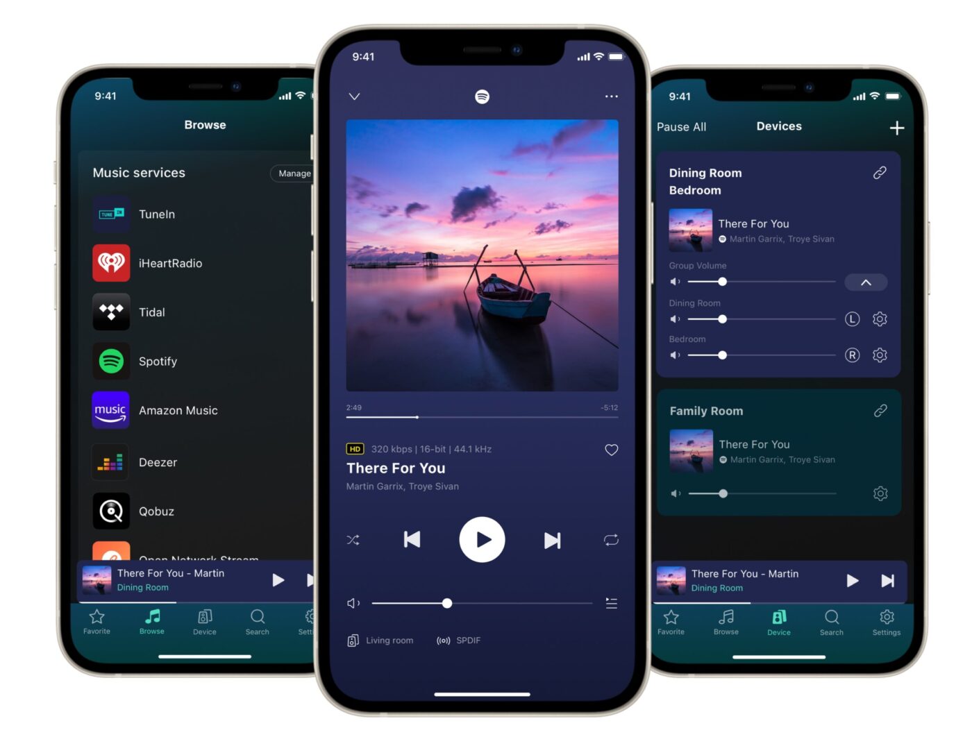 WiiM Home App auf drei iPhones: Musikdienste-Übersicht, Spotify-Player und Multiroom-Geräteverwaltung