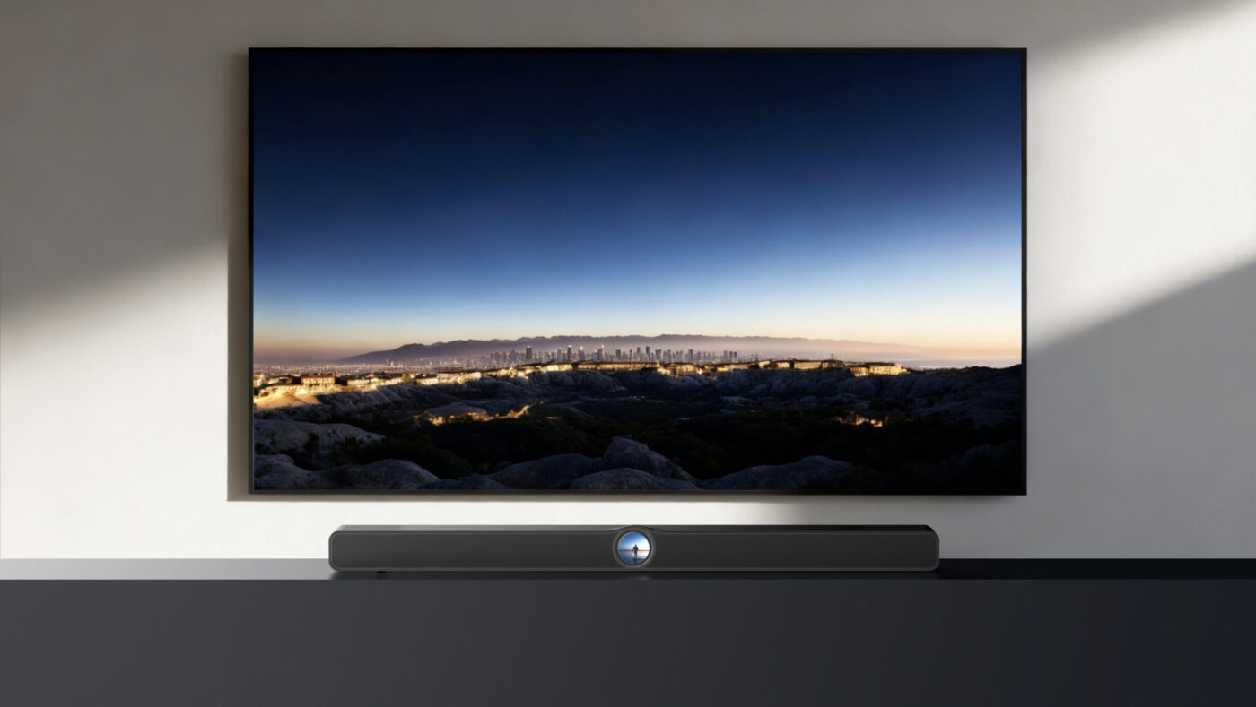 Flachbild-TV an weißer Wand mit anthrazitfarbener Soundbar, kompatibel mit WiiM Home App