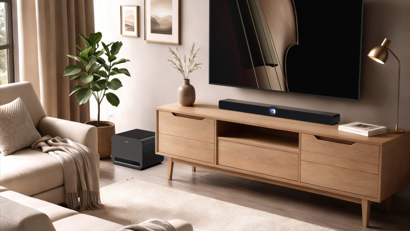 WiiM Soundbar und Subwoofer auf Holz-TV-Board in warmem Wohnzimmer-Setting