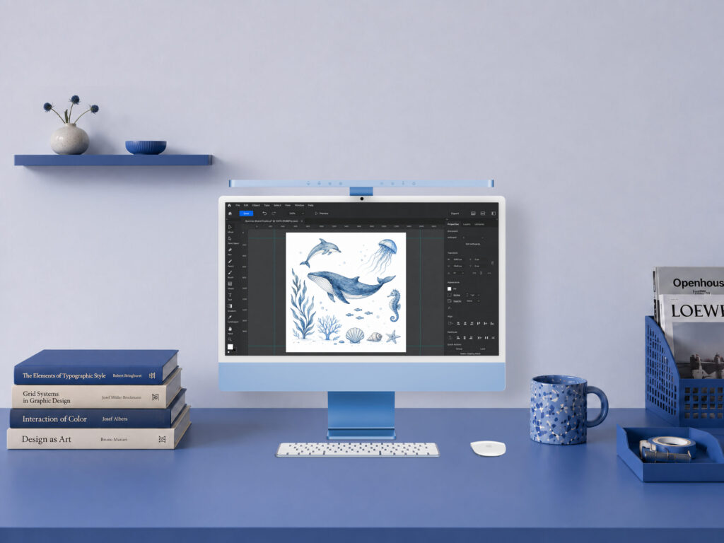 BenQ iScreenBar auf blauem iMac im gestylten Designerarbeitsplatz mit Büchern und Tasse