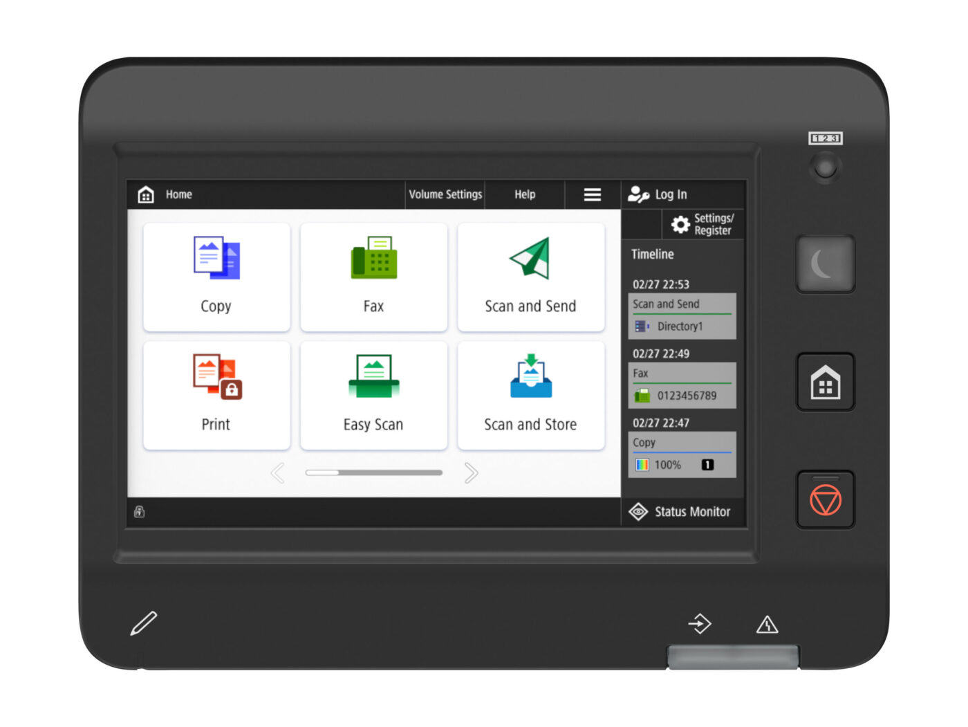 Touchscreen-Bedienfeld des Canon imageFORCE C1700 mit Funktionen wie Copy, Fax und Scan