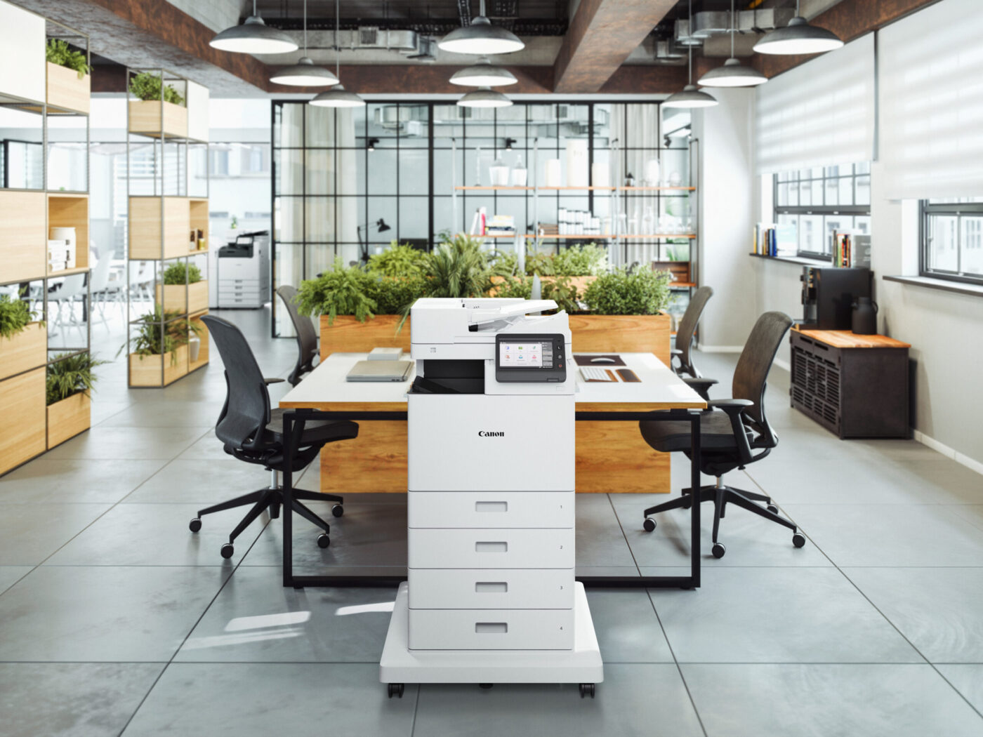Canon imageFORCE C1700-Serie als Standgerät mit vier Kassetten in modernem Büro