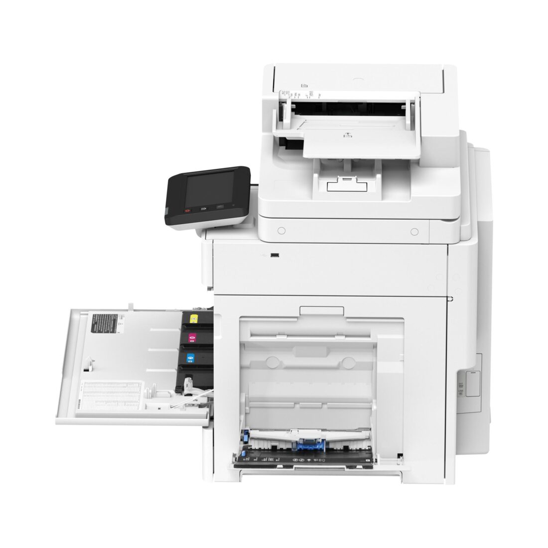 Canon imageFORCE C1700 Farblaserdrucker mit geöffneter Frontklappe und sichtbaren CMYK-Tonerkartuschen
