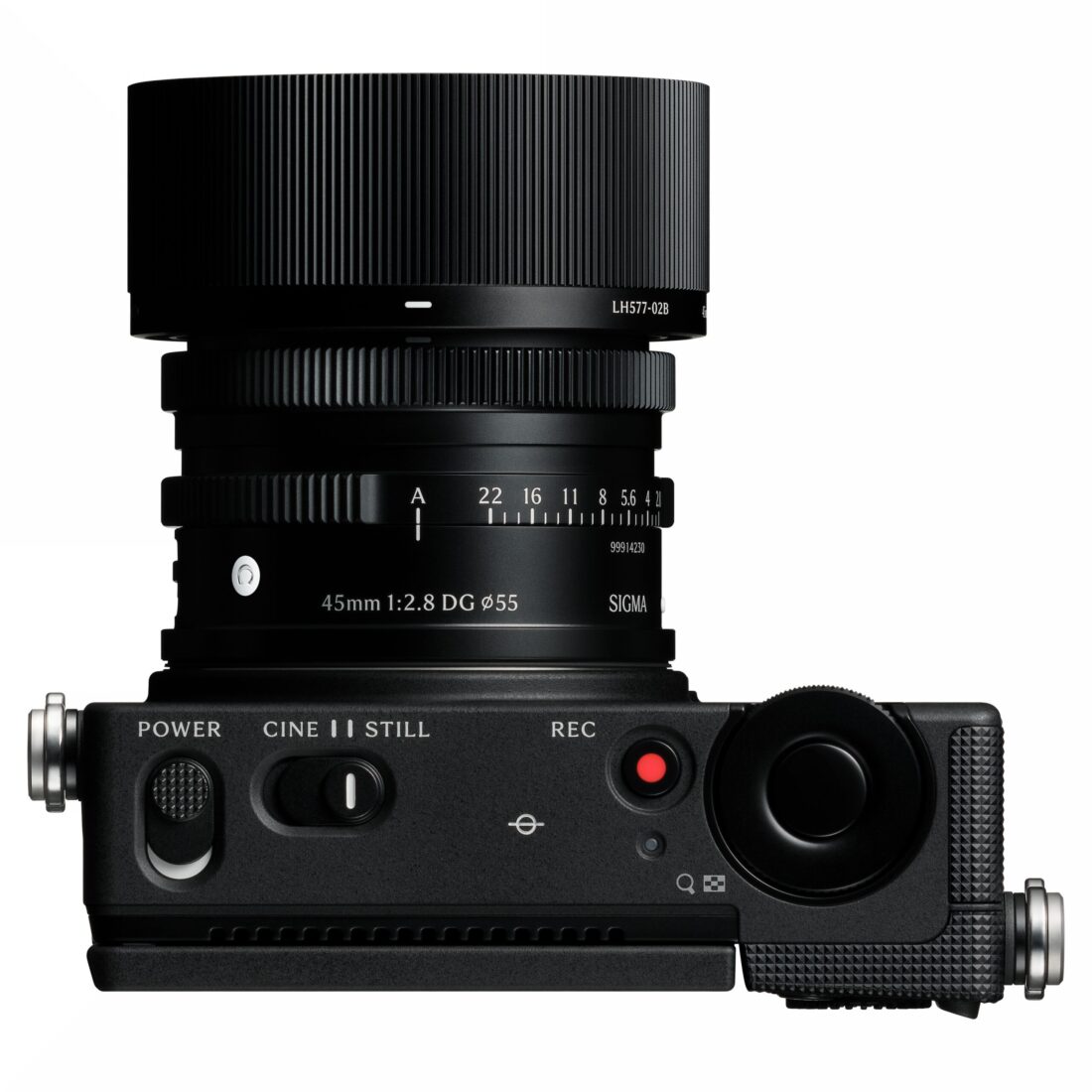 Sigma FP2 von oben mit Sigma 45mm-f2.8-Objektiv, CINE/STILL-Schalter und rotem REC-Knopf