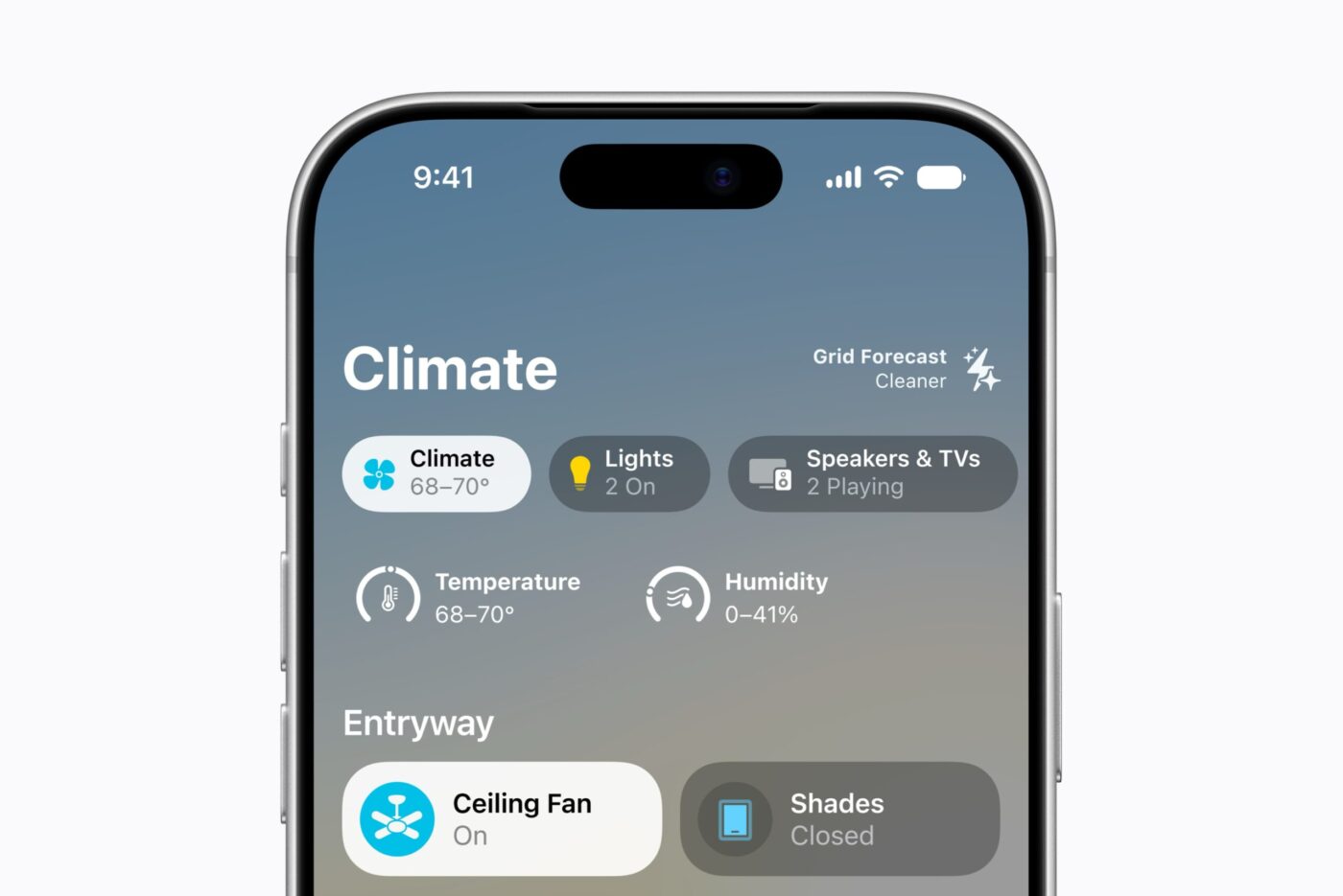 Klimaansicht der Home App mit Temperatur und Luftfeuchtigkeit