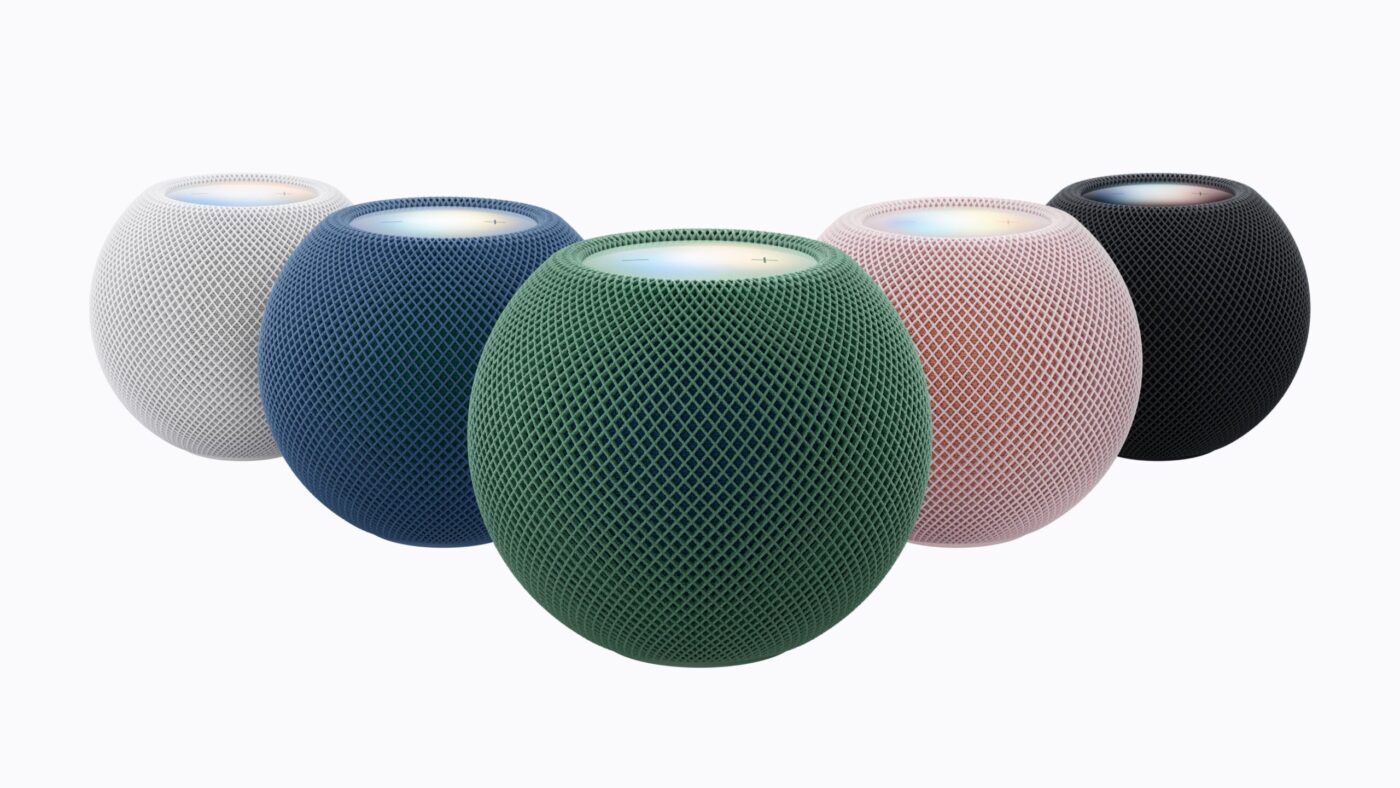 HomePod mini 2 in den fünf Farben Rosa, Grün, Blau, Weiß und Mitternacht
