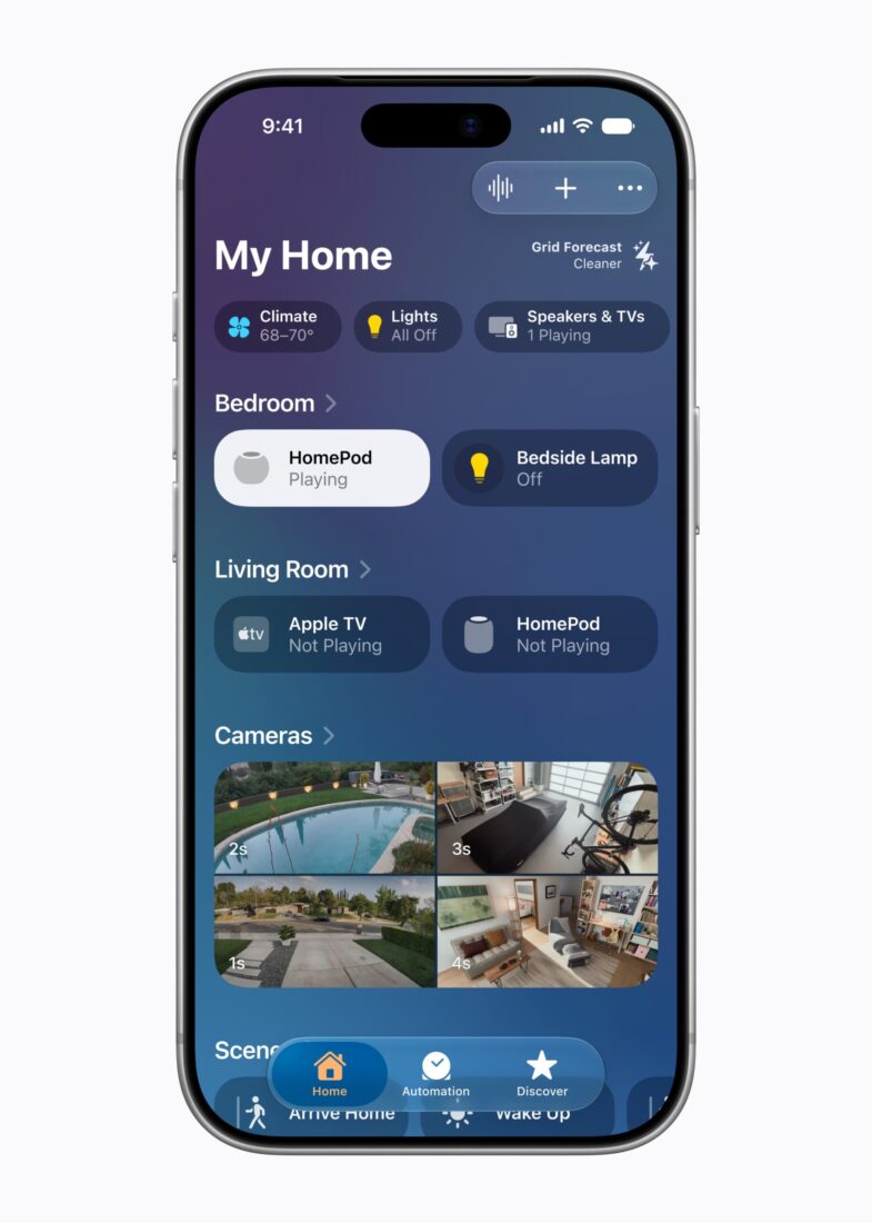 Home App auf dem iPhone mit Räumen, Lautsprechern und Kamerabildern