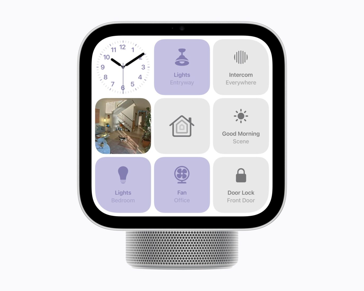 Smart-Home-Ansicht auf Apple HomeView mit Kacheln für Licht, Schloss, Kamera und Szenen