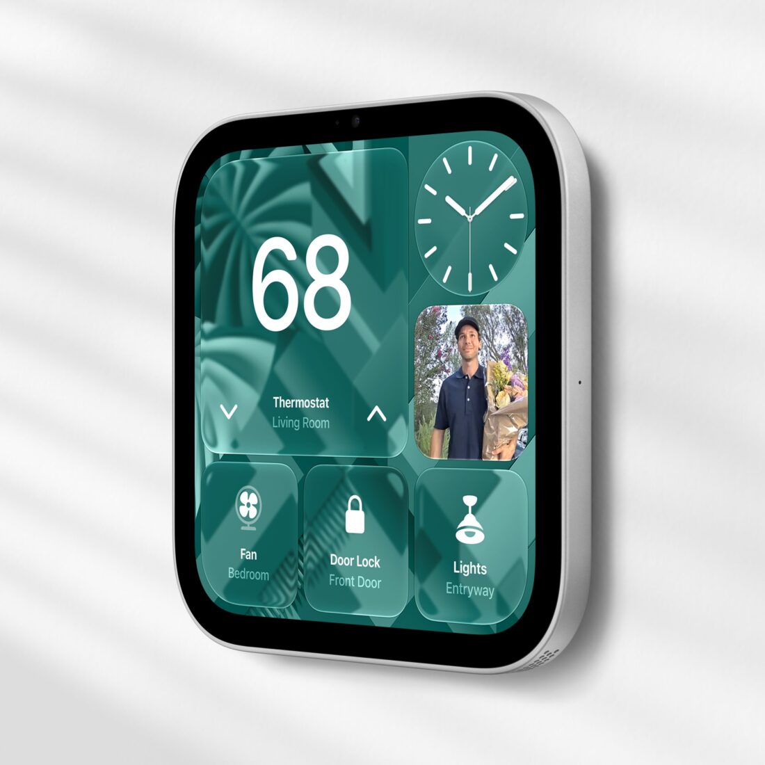 Wandmodell von Apple HomeView mit Smart-Home-Kacheln für Thermostat, Schloss und Licht