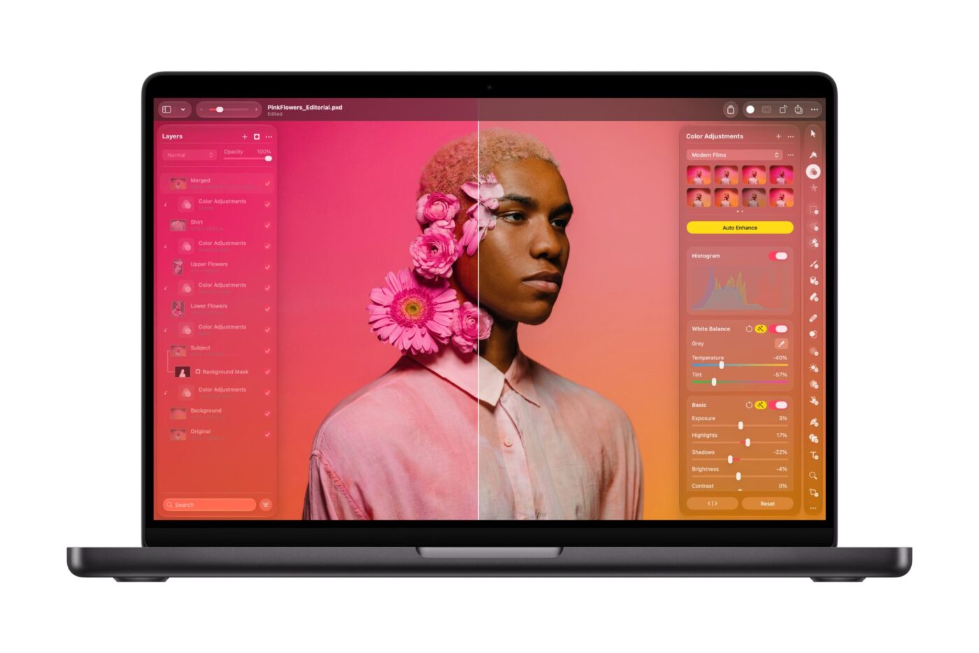 14-Zoll-MacBook Pro mit M6 zeigt Pixelmator Pro mit KI-gestützter Fotobearbeitung