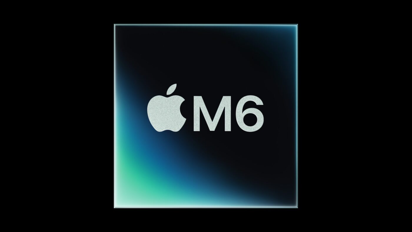 Apple-M6-Chip-Logo auf dunkelblauem Hintergrund, offizielles Marketing-Visual