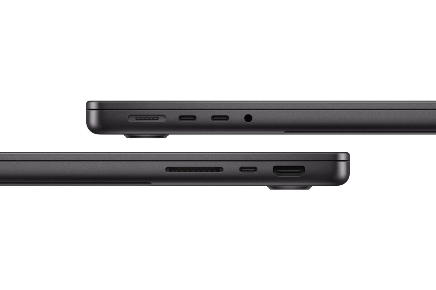 Linke und rechte Gehäuseseite des 14-Zoll MacBook Pro M6 in Schwarz mit allen Anschlüssen