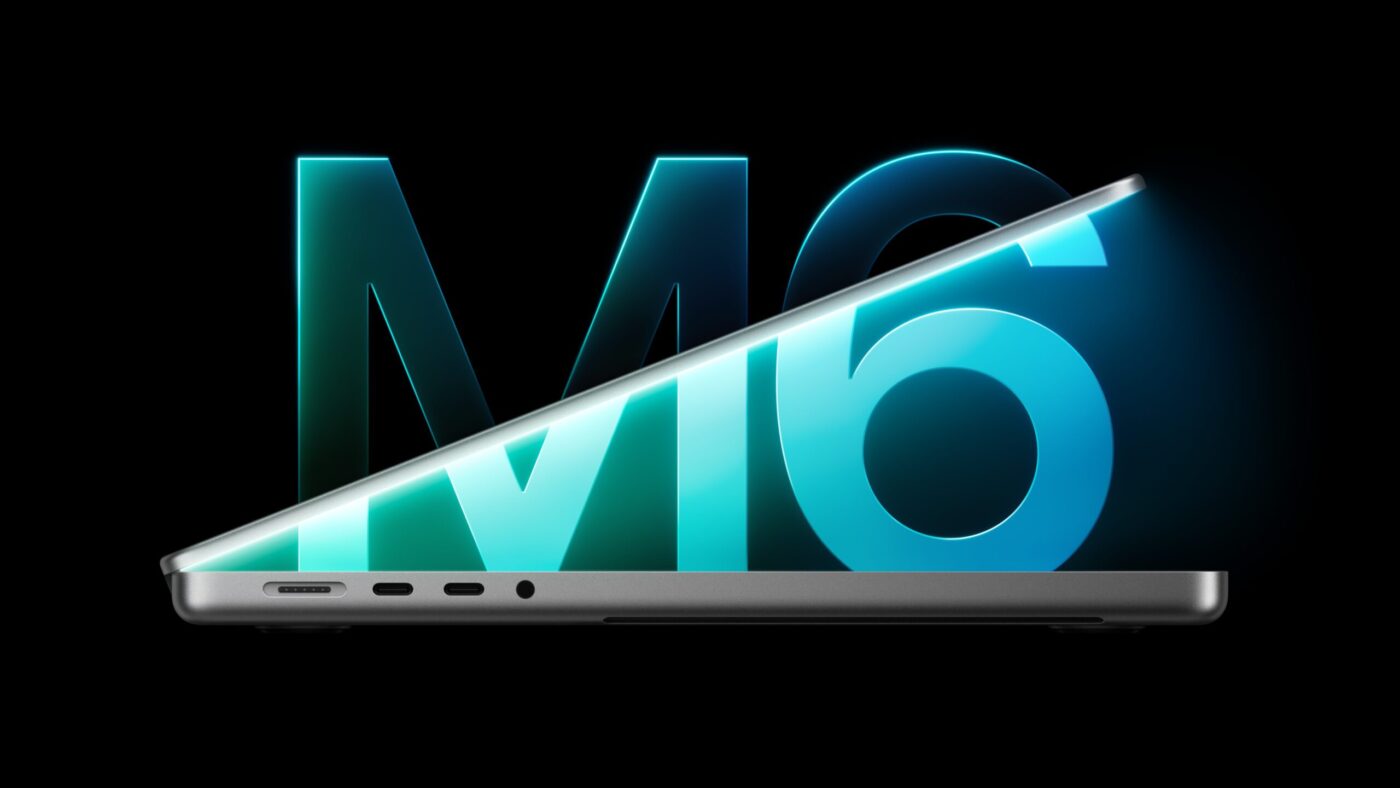 Apple MacBook Pro 14 Zoll mit M6-Chip, seitliche Ansicht vor leuchtendem „M6"-Logo
