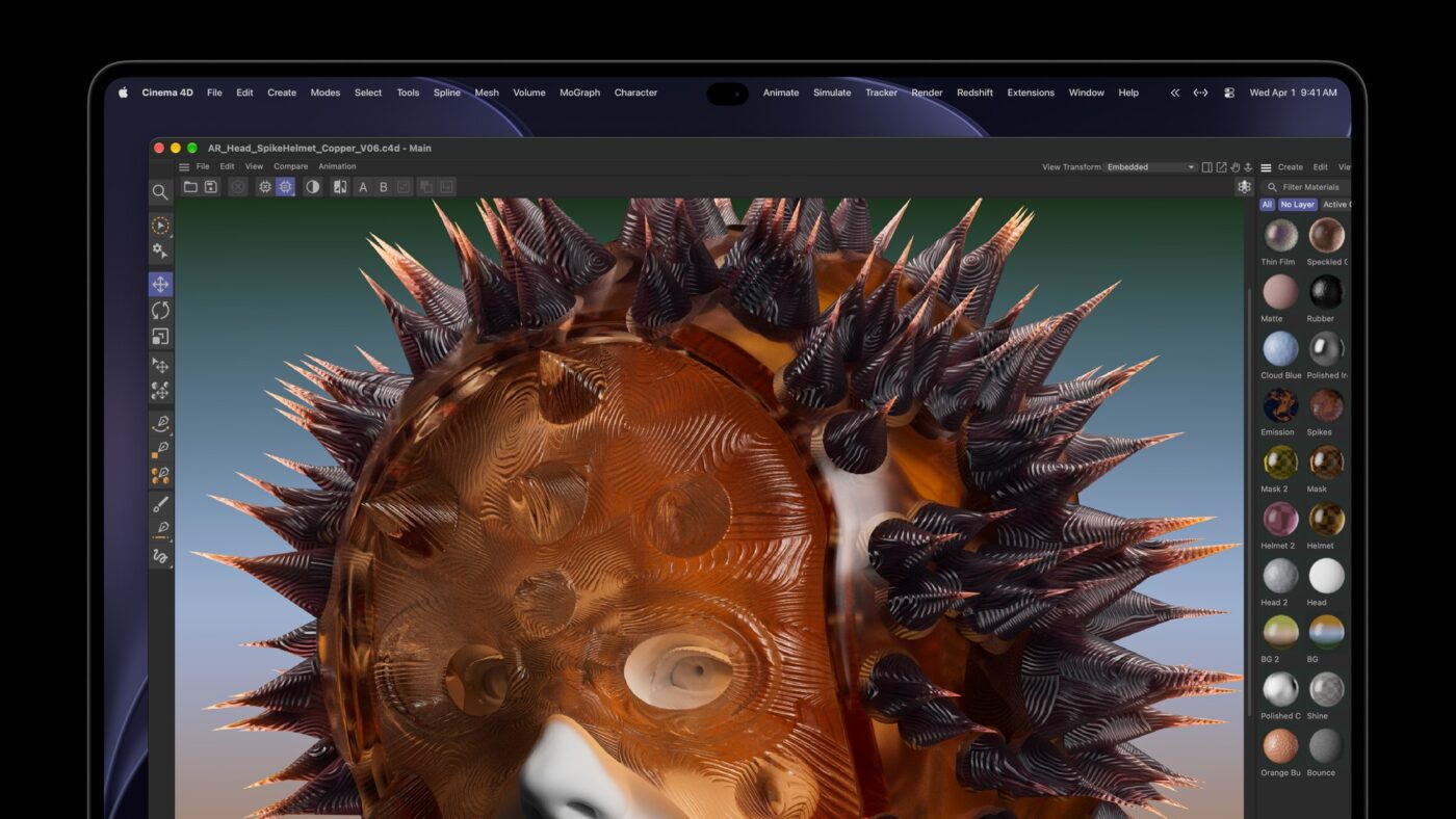 Cinema 4D auf MacBook Pro: 3D-Rendering eines Spike-Helms in Kupfer-Optik mit Materialbibliothek