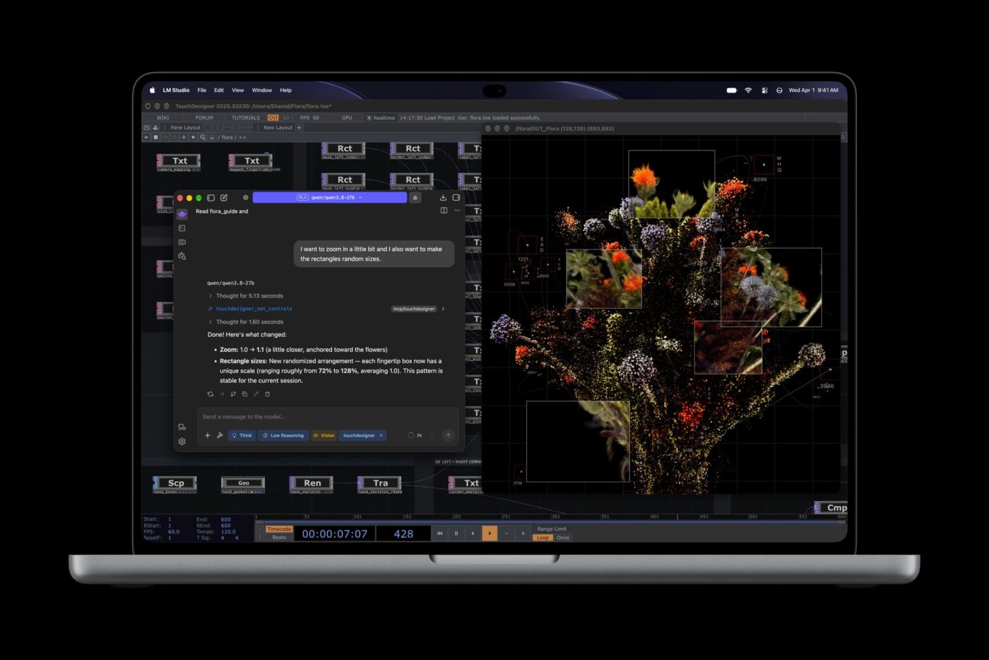 Apple MacBook Pro mit TouchDesigner und LM Studio KI-Chat auf dem PROLED XDR Display