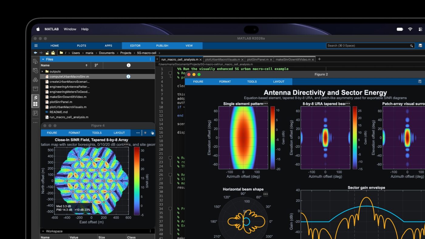MacBook Pro mit M5 zeigt MATLAB R2026a mit 5G-Antennensimulationen auf PROLED XDR Display