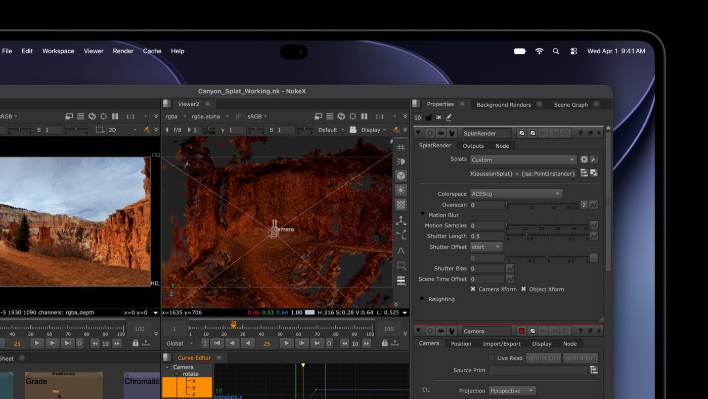 NukeX-Software auf MacBook Pro: 3D-Canyon-Szene mit Gaussian Splatting im SplatRender-Workflow