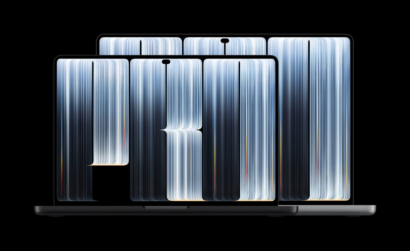 Fünf Apple MacBook Pro Modelle (14 und 16 Zoll) gestaffelt mit gestreiftem PROLED-XDR-Wallpaper