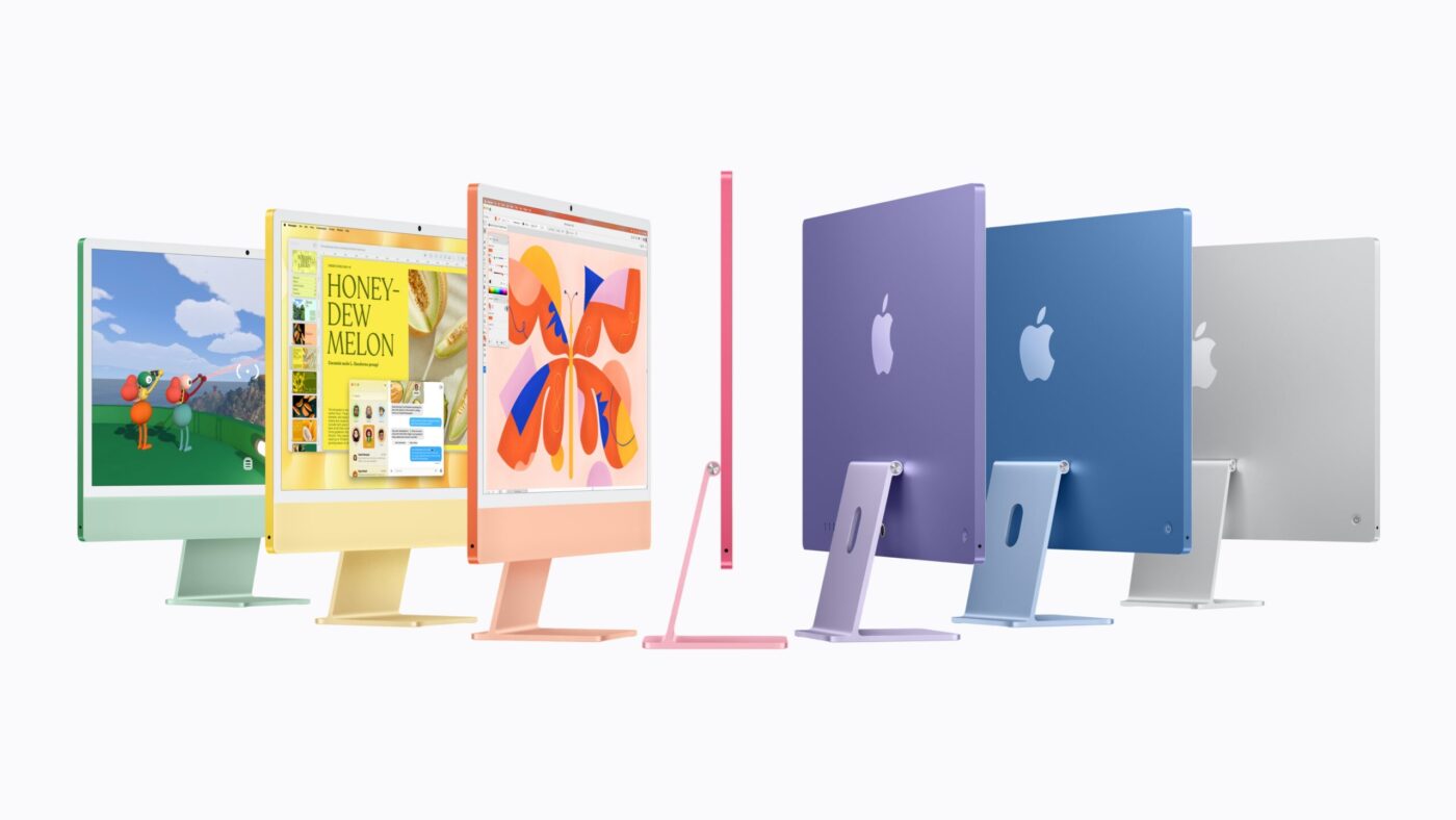 Apple iMac mit M6 in allen sieben Farben: Grün, Gelb, Orange, Pink, Lila, Blau und Silber