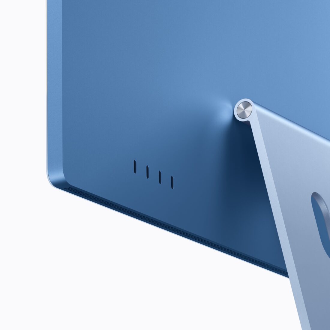 Rückseite des Apple iMac M6 in Blau mit Lüftungsschlitzen und Standfuß-Gelenk