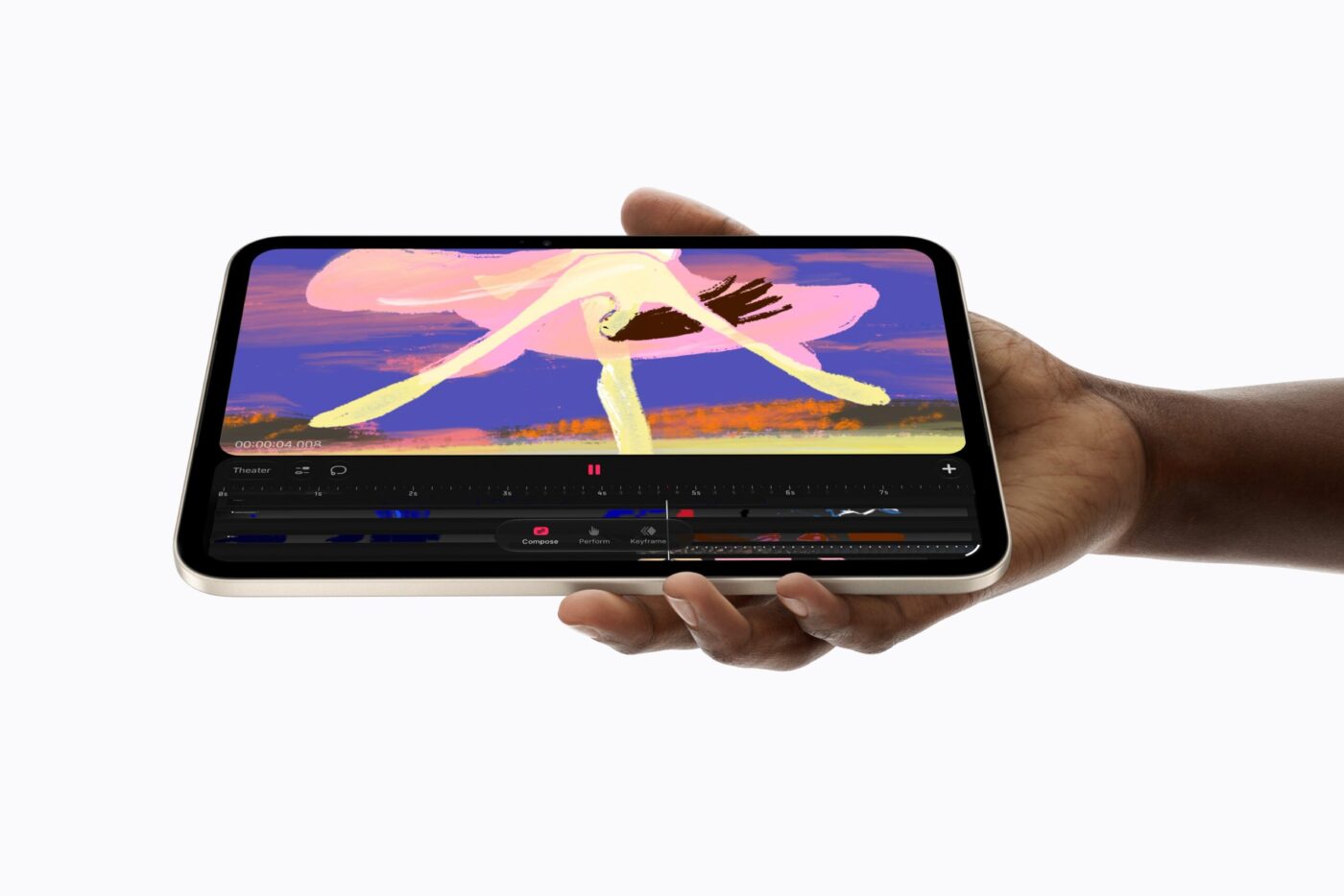 Apple iPad mini in Starlight, einhändig gehalten, mit Animations-App auf dem OLED-Display