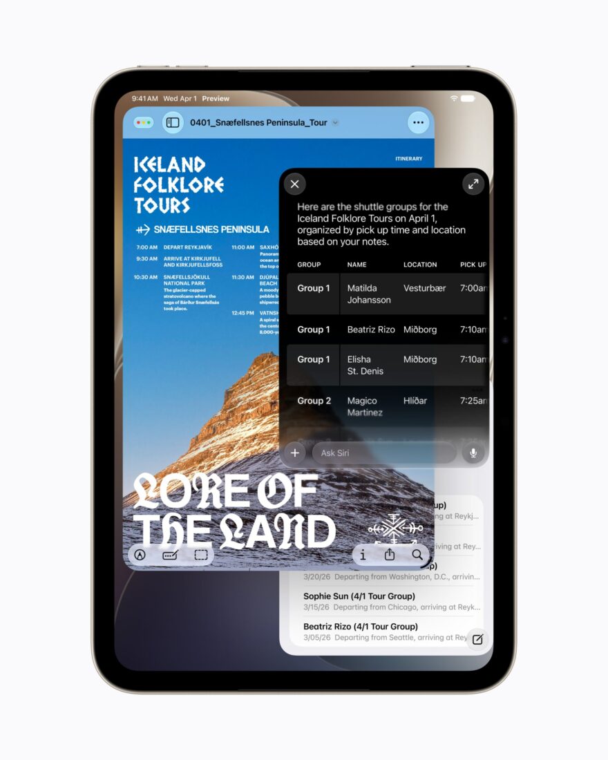 Apple iPad mini mit A20 Pro zeigt Siri-KI-Zusammenfassung einer Island-Reiseroute in der Preview-App