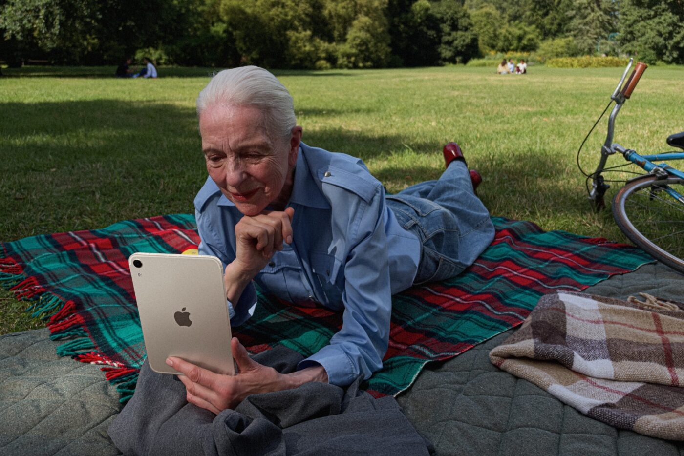 Ältere Person mit Apple iPad mini auf Picknickdecke im Park liegend