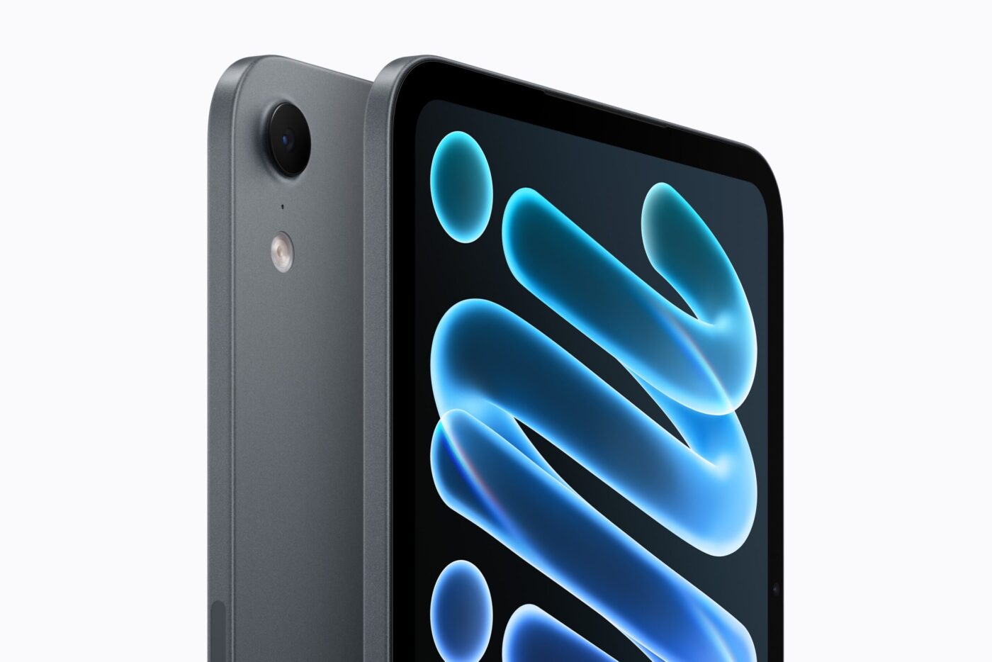 Apple iPad mini in Blau, Detailansicht Rückseite mit Kamera und Display mit blauem Wallpaper