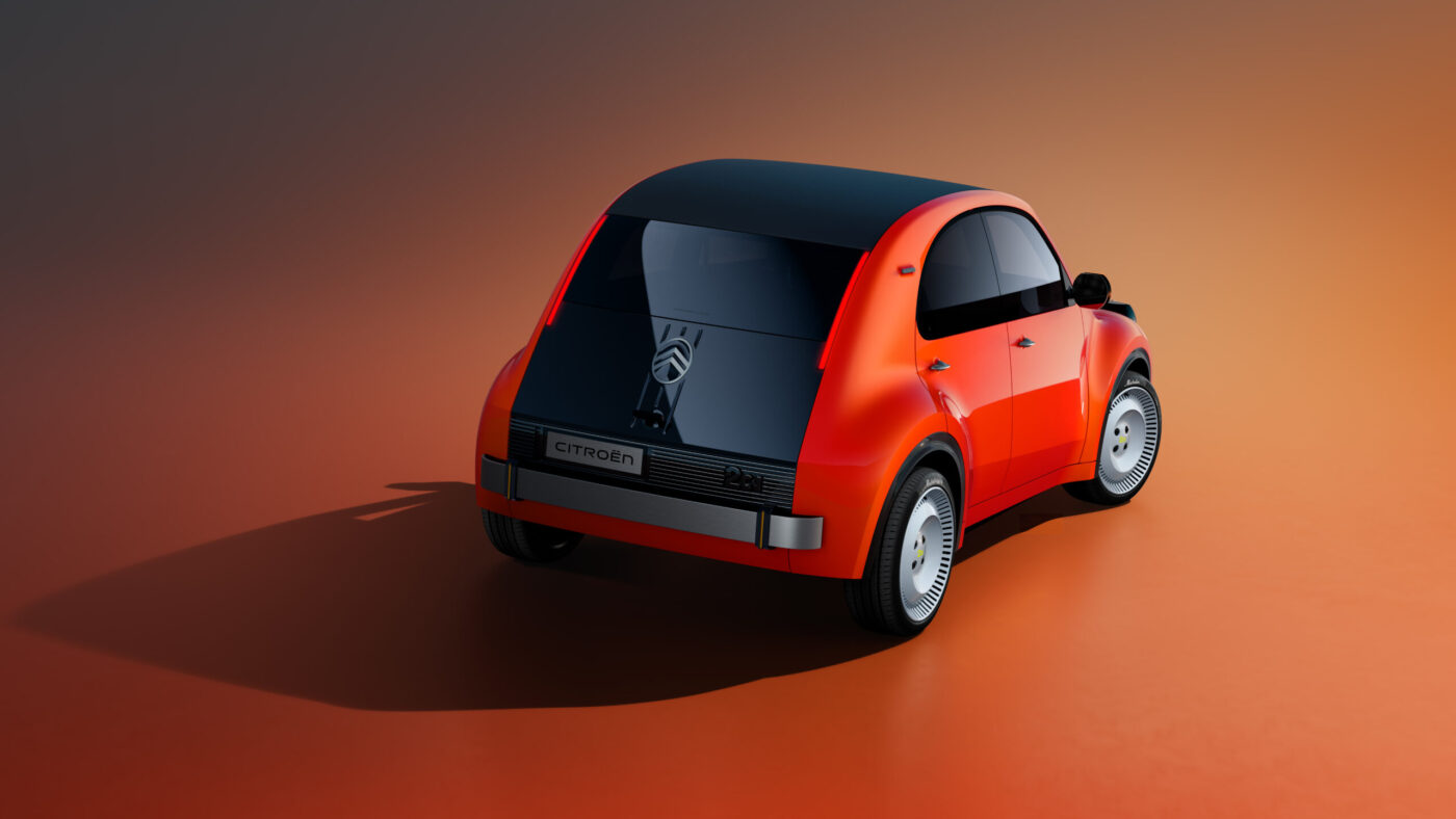 Citroën 2CV Elektro-Konzept in Rot-Orange, Heckansicht, mit Citroën-Logo am dunklen Heckabschluss