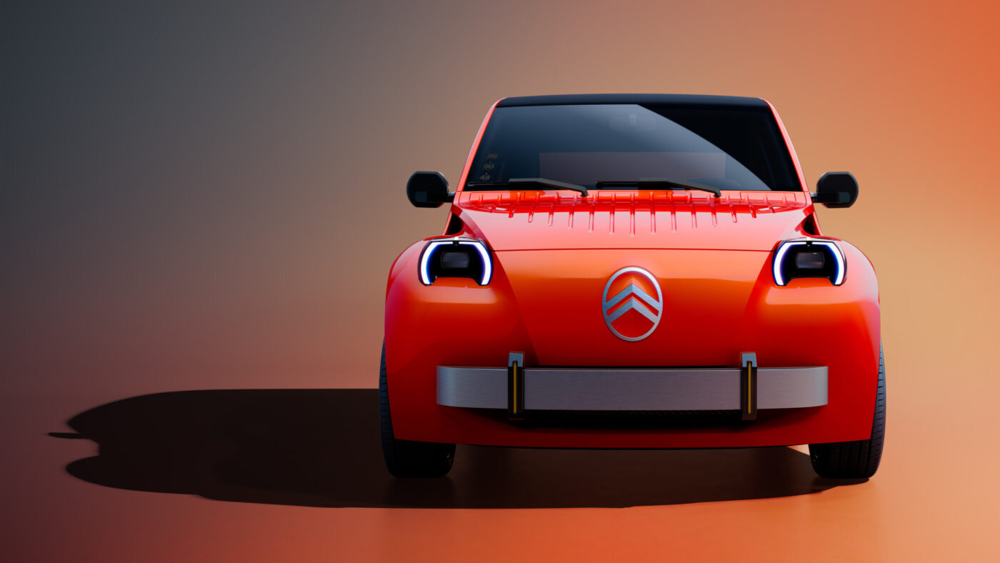 Citroën 2CV Elektro-Neuauflage in Rot-Orange, Frontansicht mit rundem LED-Scheinwerfern und Citroën-Logo
