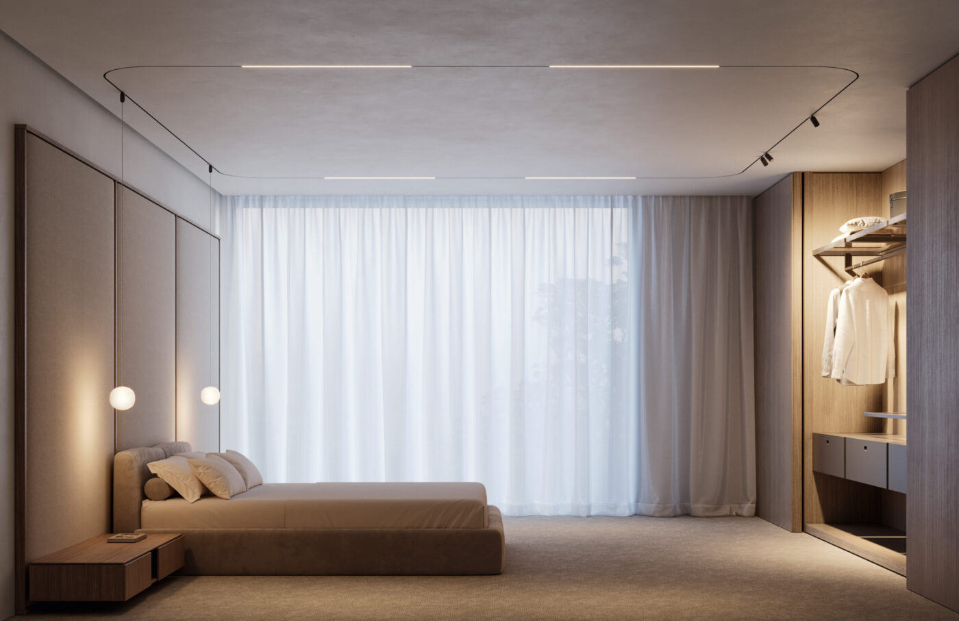 Lodes DoubleZero7 Schienensystem im Schlafzimmer mit kugelförmigen Pendelleuchten über Doppelbett