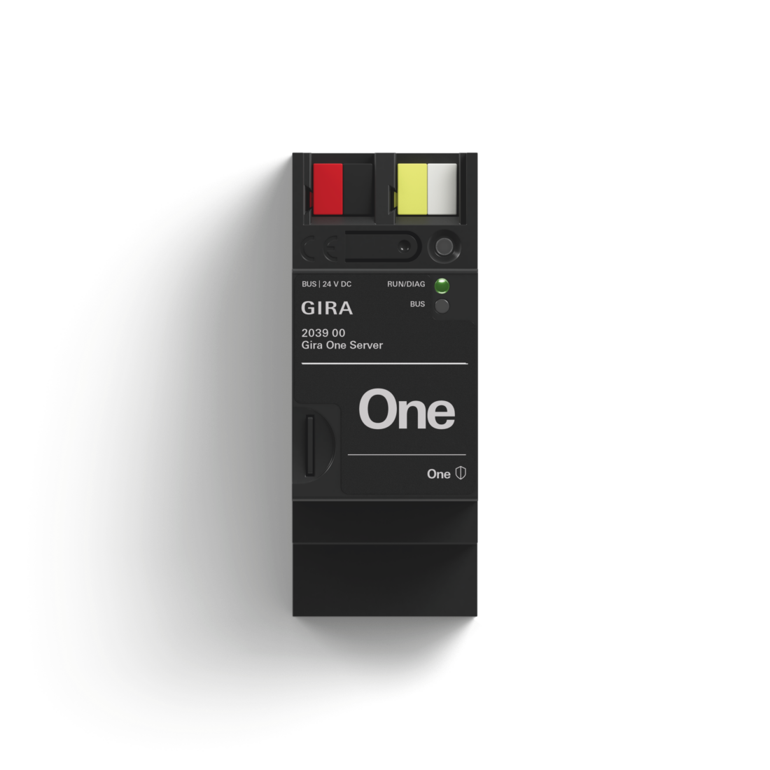 Gira One Server 2039 00 – schwarzes Hutschienengerät mit RUN/DIAG-LED und „One"-Beschriftung