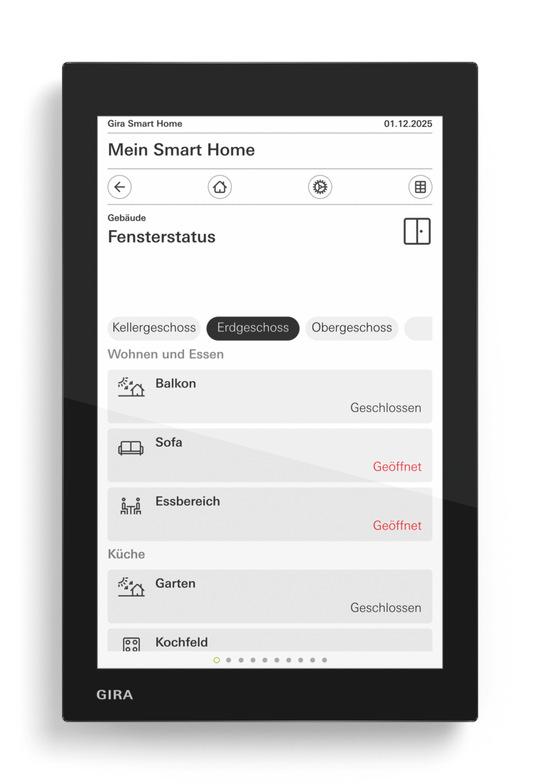 Gira X1 Touchdisplay zeigt Fensterstatus-Übersicht der Gira Smart Home App im Erdgeschoss