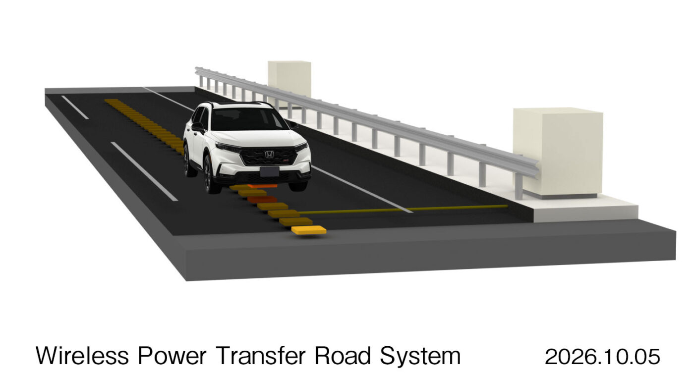 Honda-SUV fährt über Induktionspads im Asphalt – Visualisierung des Wireless Power Transfer Road Systems