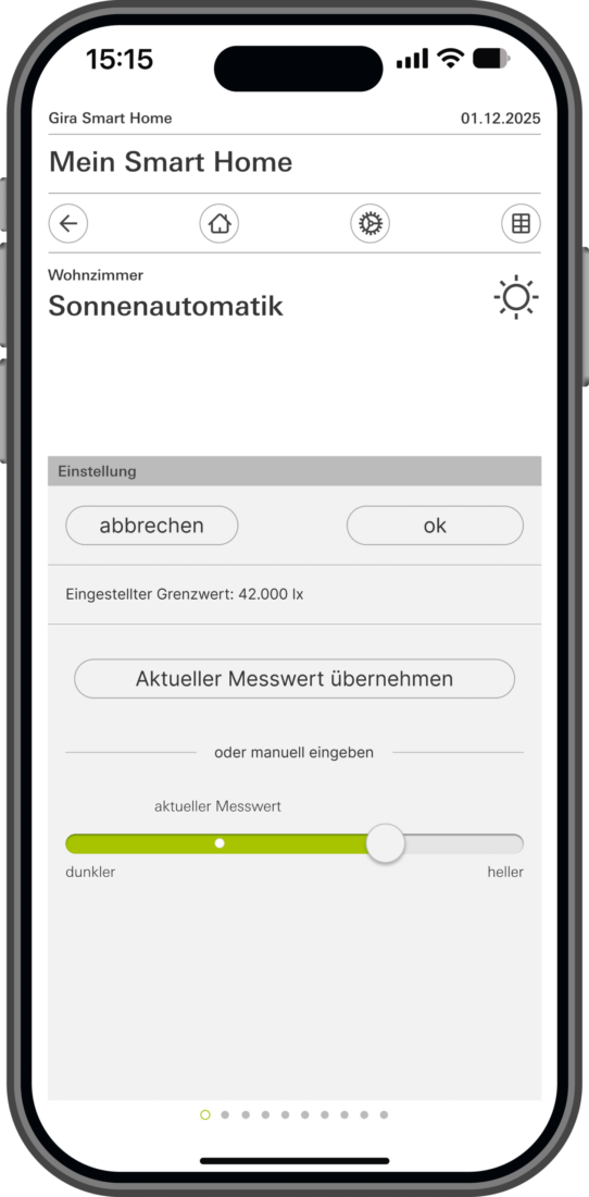Gira Smart Home App: Sonnenautomatik-Einstellung mit Helligkeits-Grenzwert 42.000 lx und Schieberegler