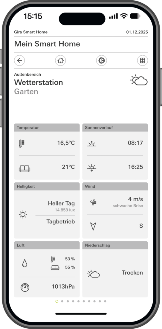 Gira Smart Home App zeigt Wetterstation-Dashboard mit Temperatur, Wind, Helligkeit und Luftdruck