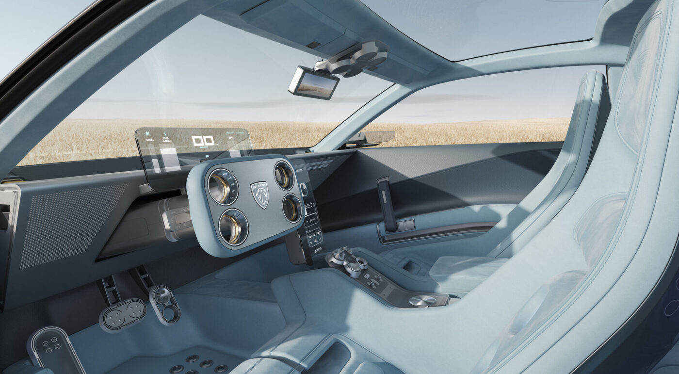 Peugeot RCZ Vision Interieur mit Hypersquare-Lenkrad, transparentem Micro-LED-Display und goldenen Reglern